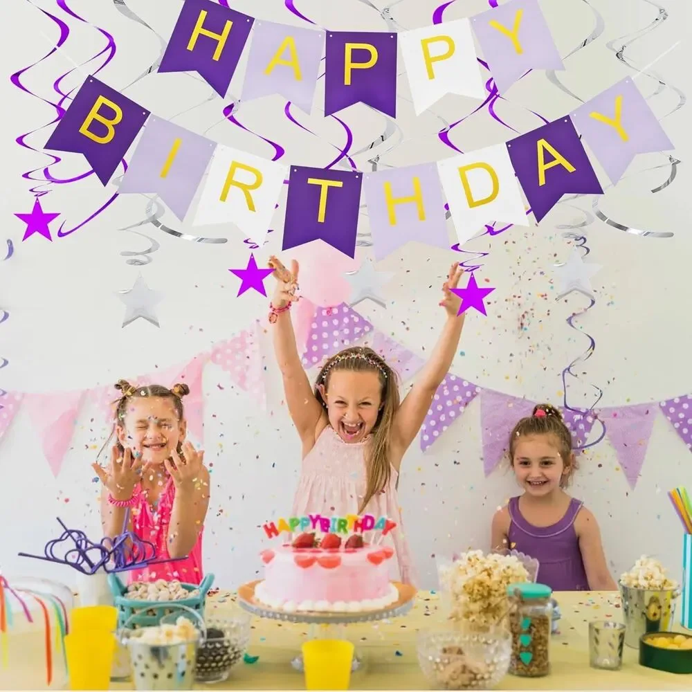 BEISHIDA Purple HAPPY BIRTHDAY Banner with 12pcs Purple and Silver Stars Hanging
